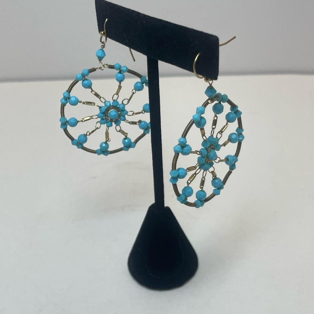 Round Pendant Dreamcatcher Earrings Turquoise And Gold Tone